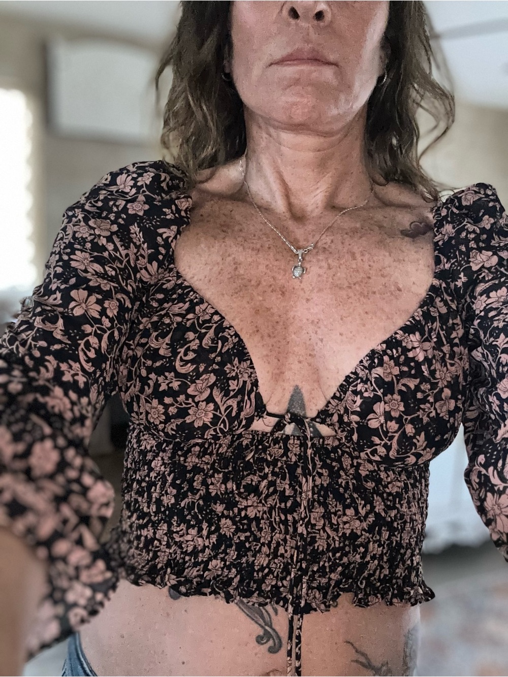 Blush BJ Floral Puff-Sleeve Square-Neck Top in Pink on Black